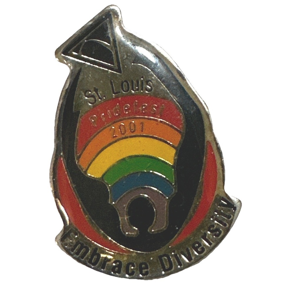 St Louis Pridefest 2001 Embrace Diversity Rainbow Vintage Enamel Lapel‎ Pin STL